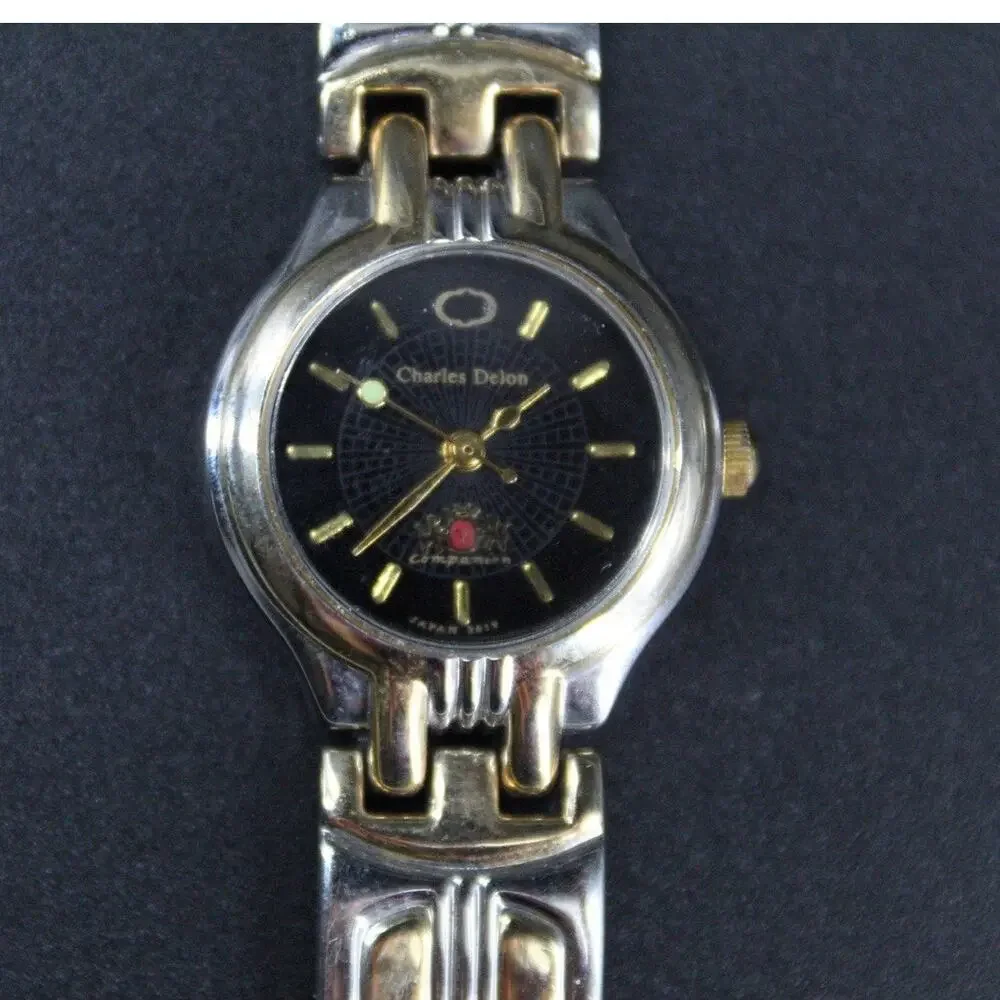 Charles Delon Black Dial Round Silver Tone Case Two Tone Band Watch New battery